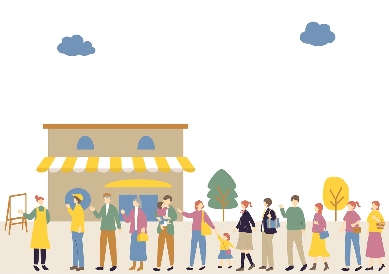 店舗の前にお客様が集まっているイラスト